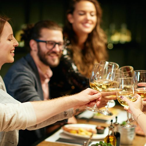 Best,Friends,Sitting,In,Restaurant,For,Dinner,And,Making,A Best friends sitting in restaurant for dinner and making a toast with white wine. On table is food.